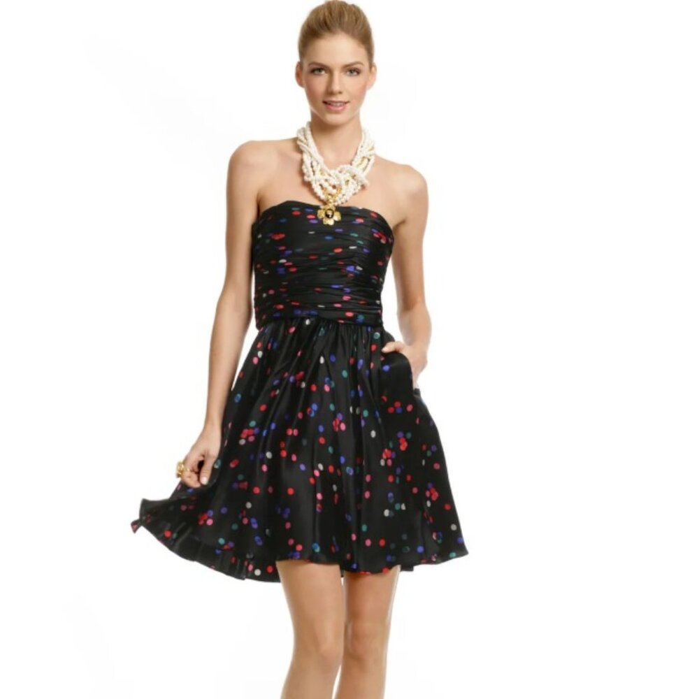 Halston Heritage 100% Silk Black Confetti Polka Dot Strapless Mini Dress Size 8